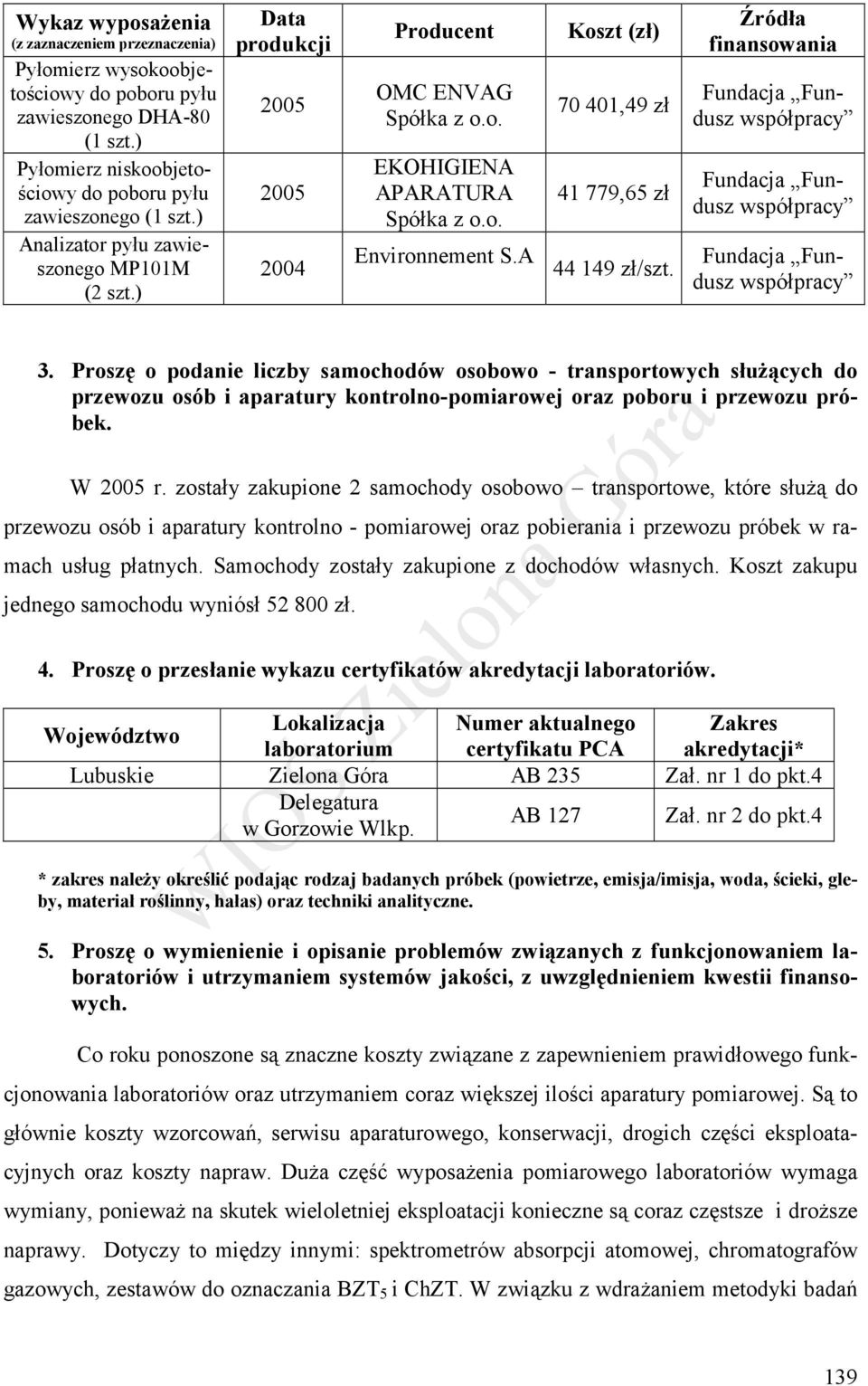 A 44 149 zł/szt. Fundacja Fundusz 3. Proszę o podanie liczby samochodów osobowo - transportowych służących do przewozu osób i aparatury kontrolno-pomiarowej oraz poboru i przewozu próbek. W 2005 r.