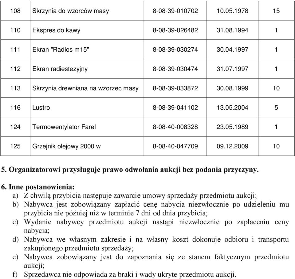 12.2009 10 5. Organizatorowi przysługuje prawo odwołania aukcji bez podania przyczyny. 6.