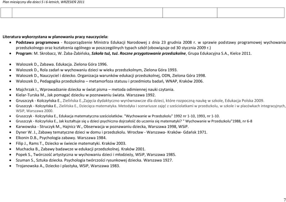 Żaba-Żabioska, Szkoła tuż, tuż. Roczne przygotowanie przedszkolne, Grupa Edukacyjna S.A., Kielce 2011. Waloszek D., Zabawa. Edukacja. Zielona Góra 1996. Waloszek D., Rola zadao w wychowaniu dzieci w wieku przedszkolnym, Zielona Góra 1993.