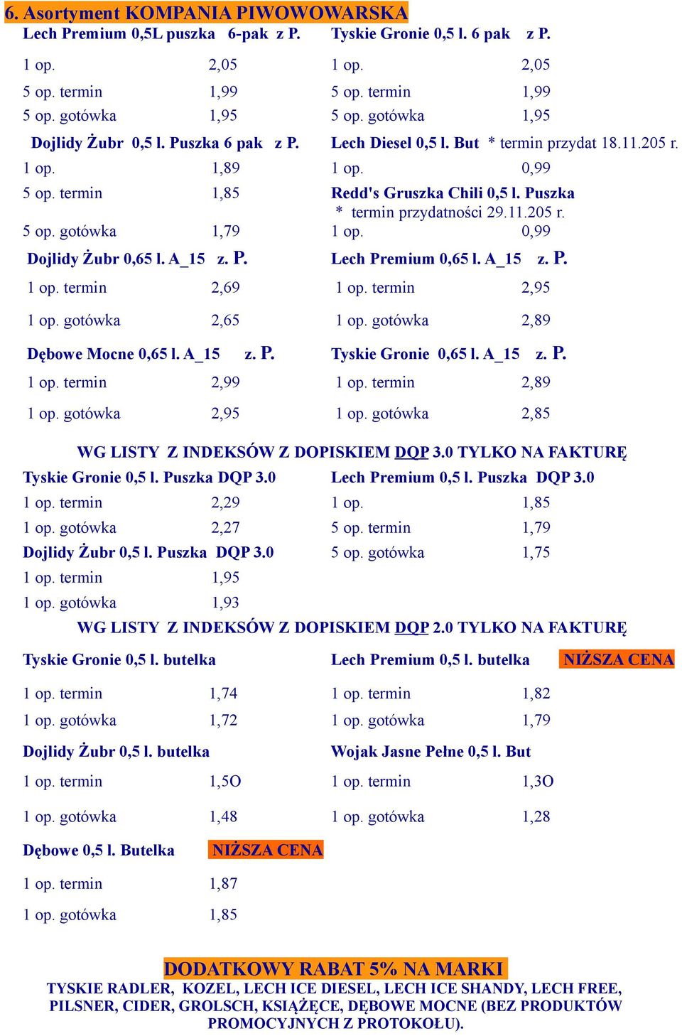 Puszka * termin przydatności 29.11.205 r. 5 op. gotówka 1,79 1 op. 0,99 Dojlidy Żubr 0,65 l. A_15 z. P. Lech Premium 0,65 l. A_15 z. P. 1 op. termin 2,69 1 op. termin 2,95 1 op. gotówka 2,65 1 op.