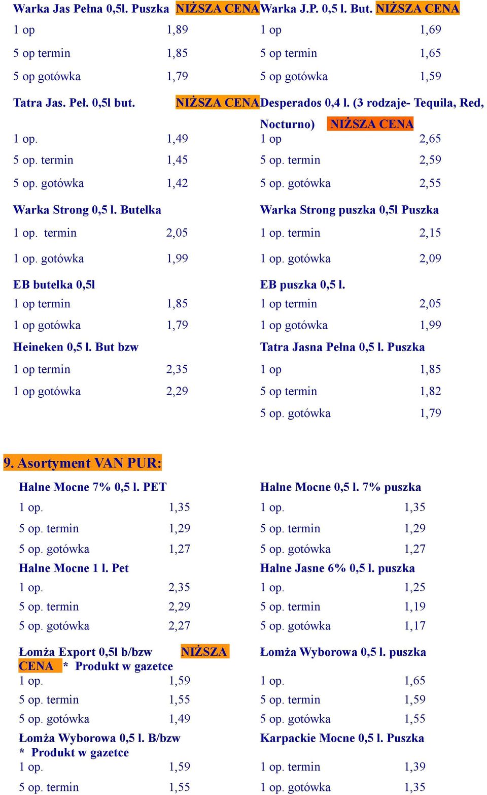 Butelka Warka Strong puszka 0,5l Puszka 1 op. termin 2,05 1 op. termin 2,15 1 op. gotówka 1,99 1 op. gotówka 2,09 EB butelka 0,5l EB puszka 0,5 l.