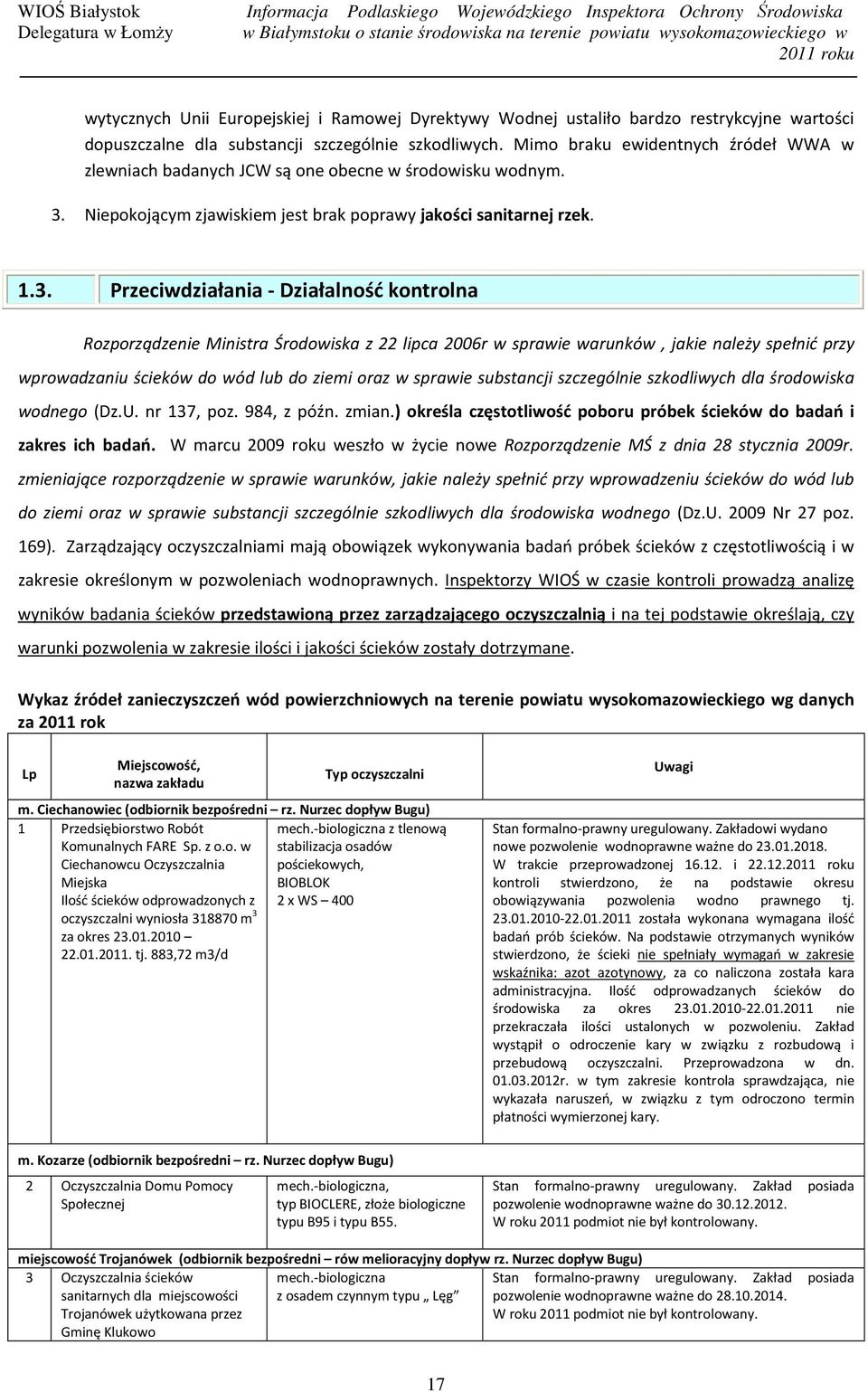 Niepokojącym zjawiskiem jest brak poprawy jakości sanitarnej rzek. 1.3.