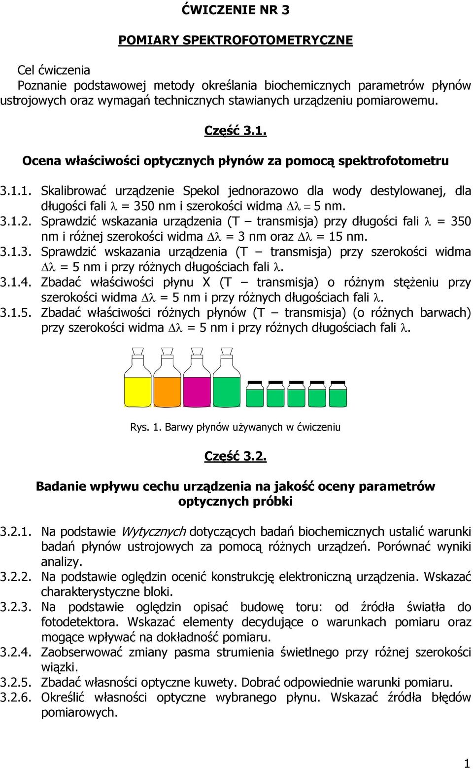 3.1.2. Sprawdzić wskazania urządzenia (T transmisja) przy długości fali λ = 35 nm i różnej szerokości widma Δλ = 3 nm oraz Δλ = 15 nm. 3.1.3. Sprawdzić wskazania urządzenia (T transmisja) przy szerokości widma Δλ = 5 nm i przy różnych długościach fali λ.