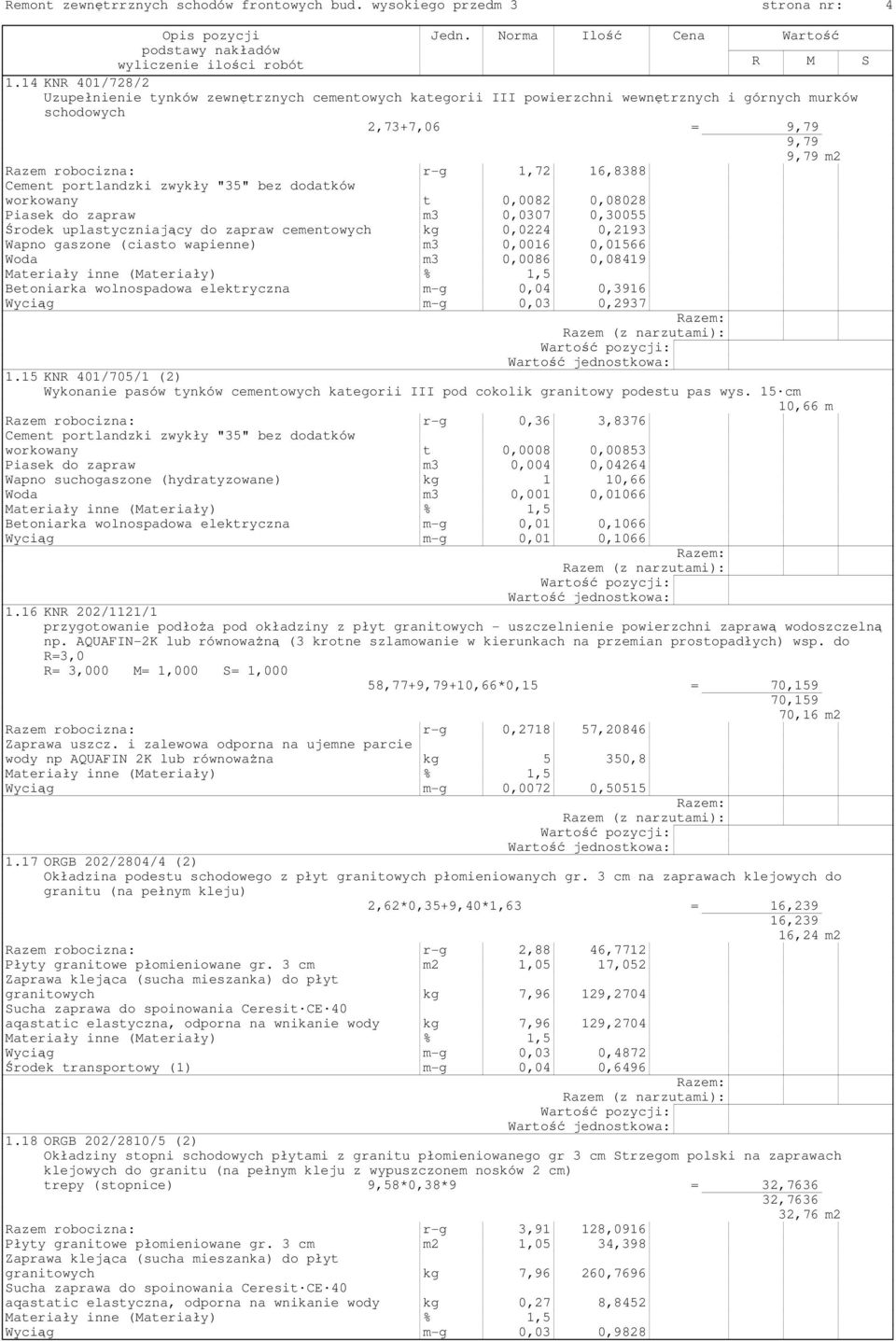 portlandzki zwykły "35" bez dodatków workowany t 0,0082 0,08028 Piasek do zapraw m3 0,0307 0,30055 Środek uplastyczniający do zapraw cementowych kg 0,0224 0,2193 Wapno gaszone (ciasto wapienne) m3