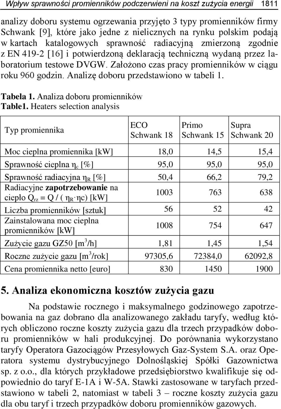 Założono czas pracy promienników w ciągu roku 960 godzin. Analizę doboru przedstawiono w tabeli 1. Tabela 1. Analiza doboru promienników Table1.