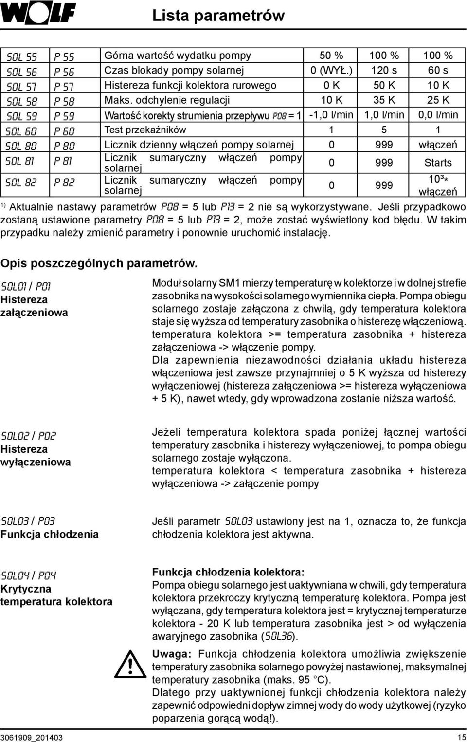 odchylenie regulacji 10 K 35 K 25 K SOL 59 P 59 Wartość korekty strumienia przepływu P08 = 1-1,0 l/min 1,0 l/min 0,0 l/min SOL 6O p 60 Test przekaźników 1 5 1 SOL 8O p 80 Licznik dzienny włączeń