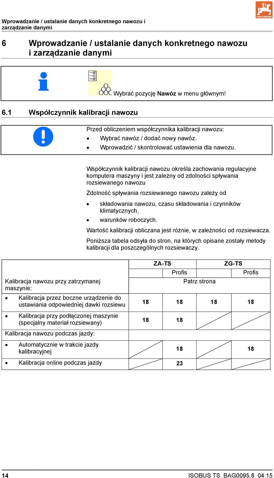 Współczynnik kalibracji nawozu określa zachowania regulacyjne komputera maszyny i jest zależny od zdolności spływania rozsiewanego nawozu Zdolność spływania rozsiewanego nawozu zależy od składowania