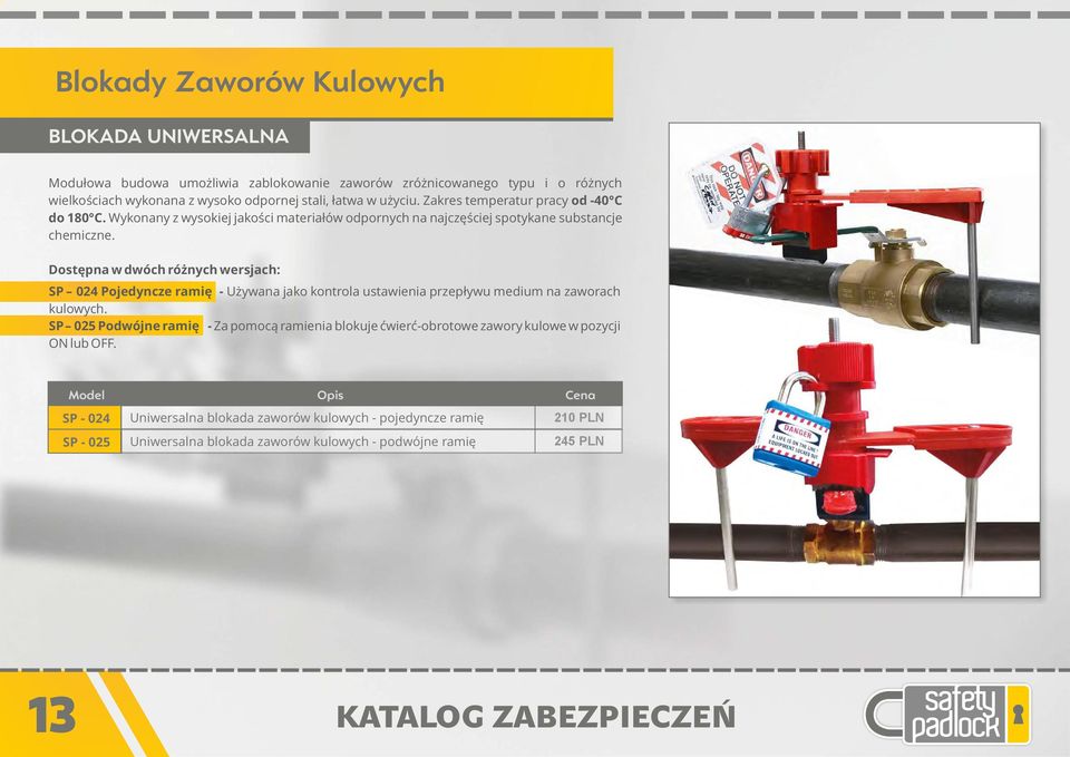 Dostępna w dwóch różnych wersjach: SP 024 Pojedyncze ramię - Używana jako kontrola ustawienia przepływu medium na zaworach kulowych.