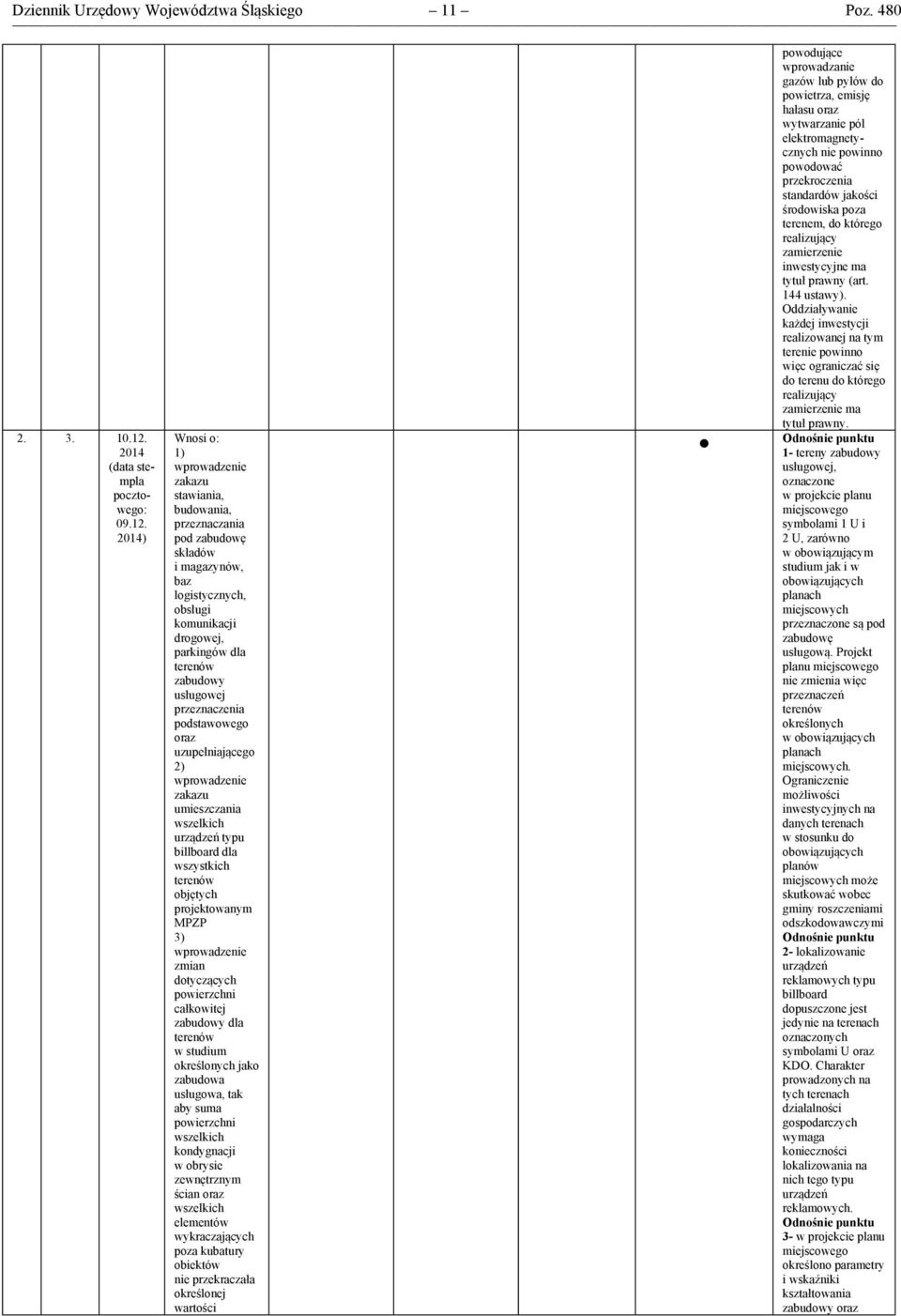 2014) Wnosi o: 1) zakazu stawiania, budowania, przeznaczania pod zabudowę składów i magazynów, baz logistycznych, obsługi komunikacji drogowej, parkingów dla usługowej przeznaczenia podstawowego oraz