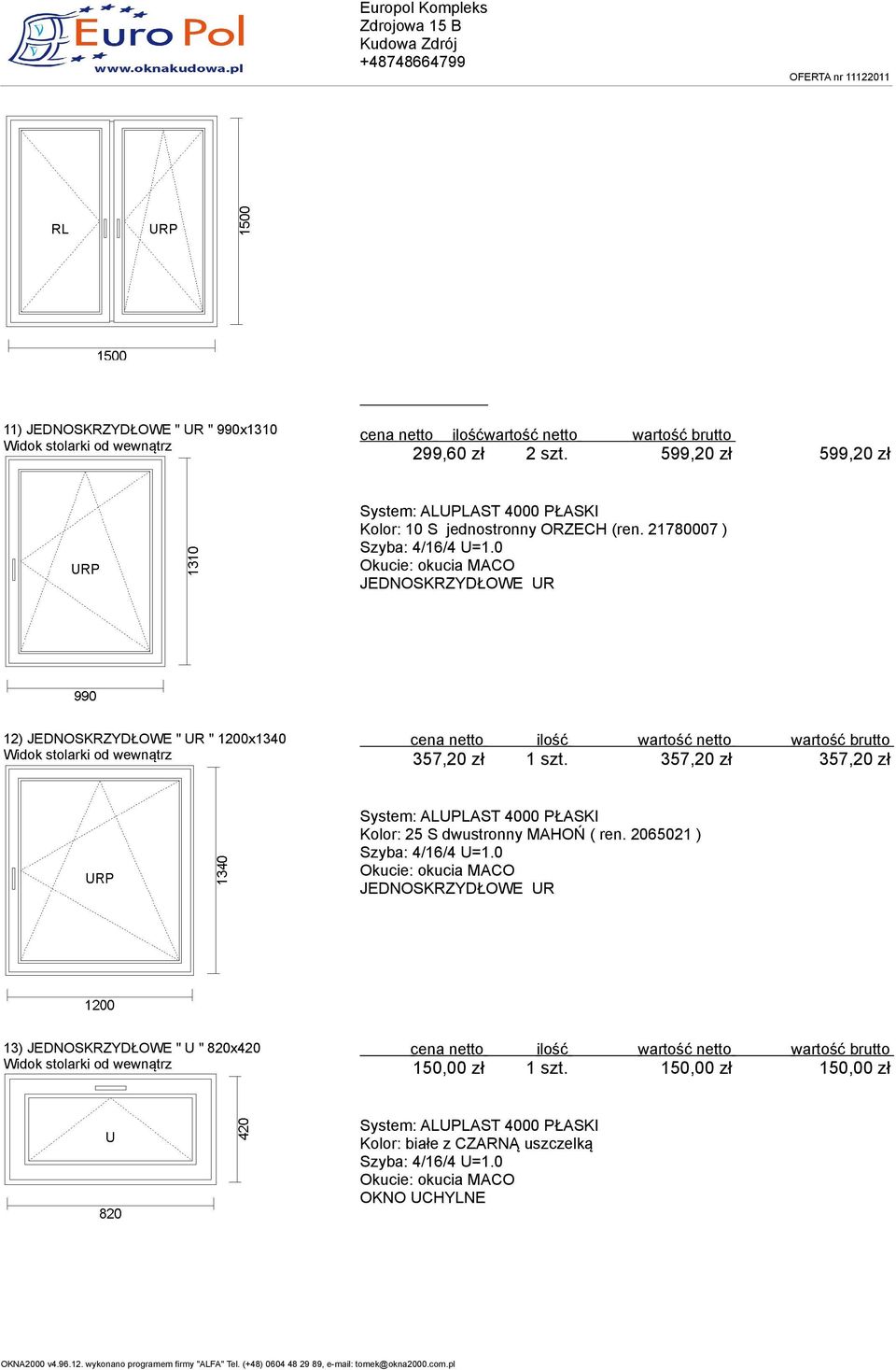 21780007 ) 12) JEDNOSKRZYDŁOWE " UR " 1200x1340 357,20 zł 1 szt.