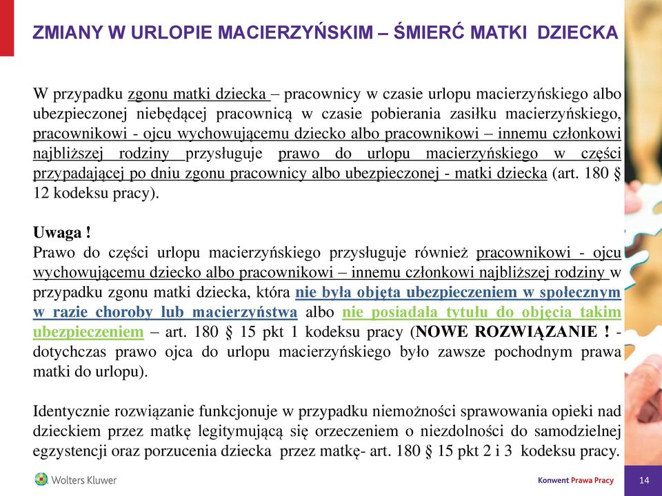 pracownicy albo ubezpieczonej - matki dziecka (art. 180 12 kodeksu pracy). Uwaga!