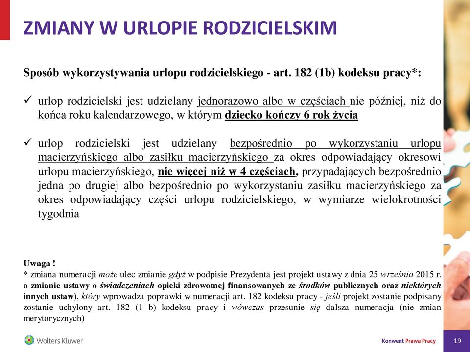 udzielany bezpośrednio po wykorzystaniu urlopu macierzyńskiego albo zasiłku macierzyńskiego za okres odpowiadający okresowi urlopu macierzyńskiego, nie więcej niż w 4 częściach, przypadających