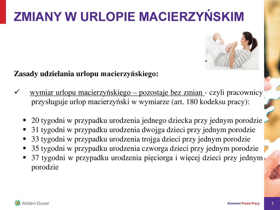 180 kodeksu pracy): 20 tygodni w przypadku urodzenia jednego dziecka przy jednym porodzie 31 tygodni w przypadku urodzenia dwojga dzieci przy