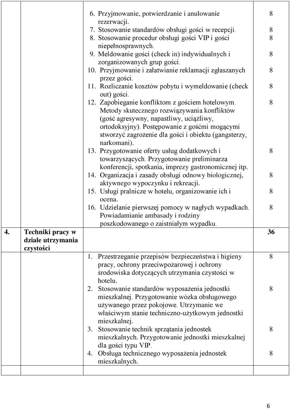 Przyjmowanie i załatwianie reklamacji zgłaszanych przez gości. 11. Rozliczanie kosztów pobytu i wymeldowanie (check out) gości. 12. Zapobieganie konfliktom z gościem hotelowym.