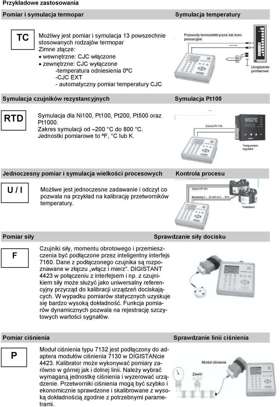 termopary Symulacja Pt100 Urządzenie pomiarowe RTD Symulacja dla Ni100, Pt100, Pt200, Pt500 oraz Pt1000. Zakres symulacji od 200 C do 800 C. Jednostki pomiarowe to ºF, C lub K.