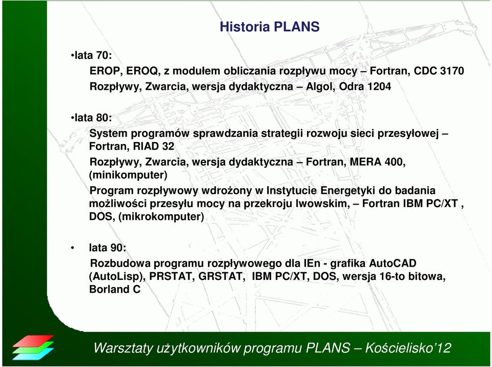 (minikomputer) Program rozpływowy wdroŝony w Instytucie Energetyki do badania moŝliwości przesyłu mocy na przekroju lwowskim, Fortran IBM PC/XT, DOS,