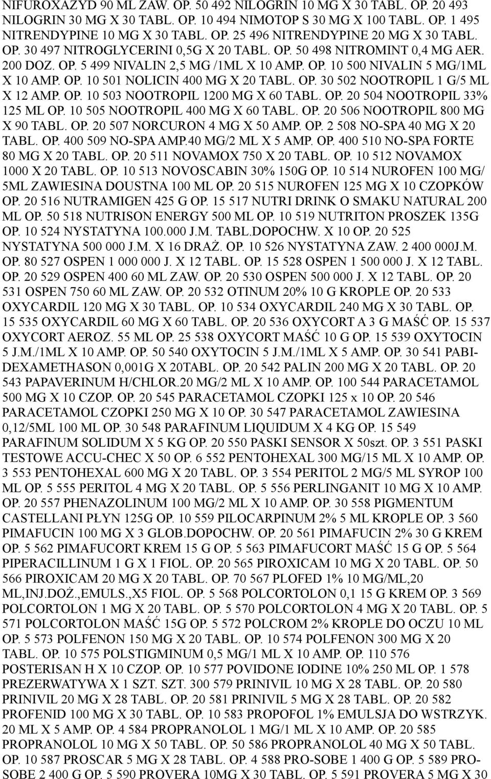 OP. 30 502 NOOTROPIL 1 G/5 ML X 12 AMP. OP. 10 503 NOOTROPIL 1200 MG X 60 TABL. OP. 20 504 NOOTROPIL 33% 125 ML OP. 10 505 NOOTROPIL 400 MG X 60 TABL. OP. 20 506 NOOTROPIL 800 MG X 90 TABL. OP. 20 507 NORCURON 4 MG X 50 AMP.