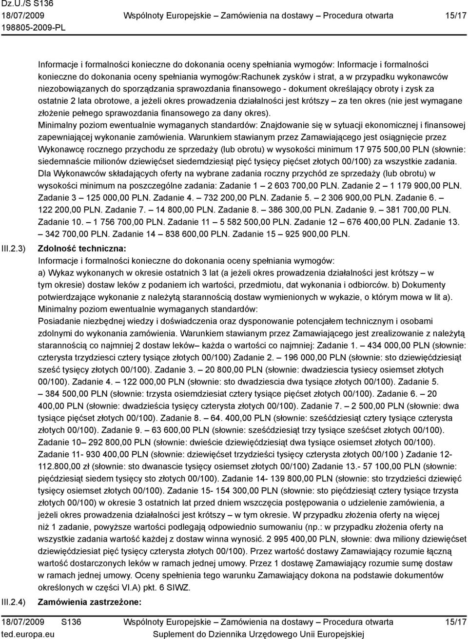 4) Informacje i formalności konieczne do dokonania oceny spełniania wymogów: Informacje i formalności konieczne do dokonania oceny spełniania wymogów:rachunek zysków i strat, a w przypadku wykonawców