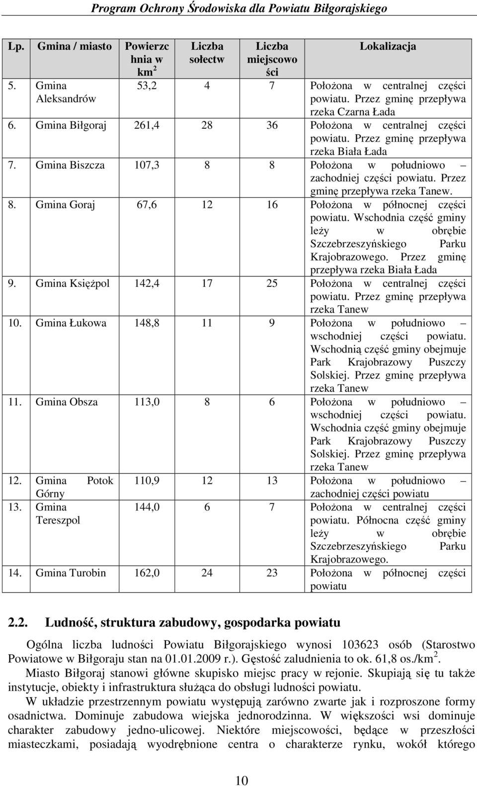 Przez gminę przepływa rzeka Tanew. 8. Gmina Goraj 67,6 12 16 PołoŜona w północnej części powiatu. Wschodnia część gminy leŝy w obrębie Szczebrzeszyńskiego Parku Krajobrazowego.