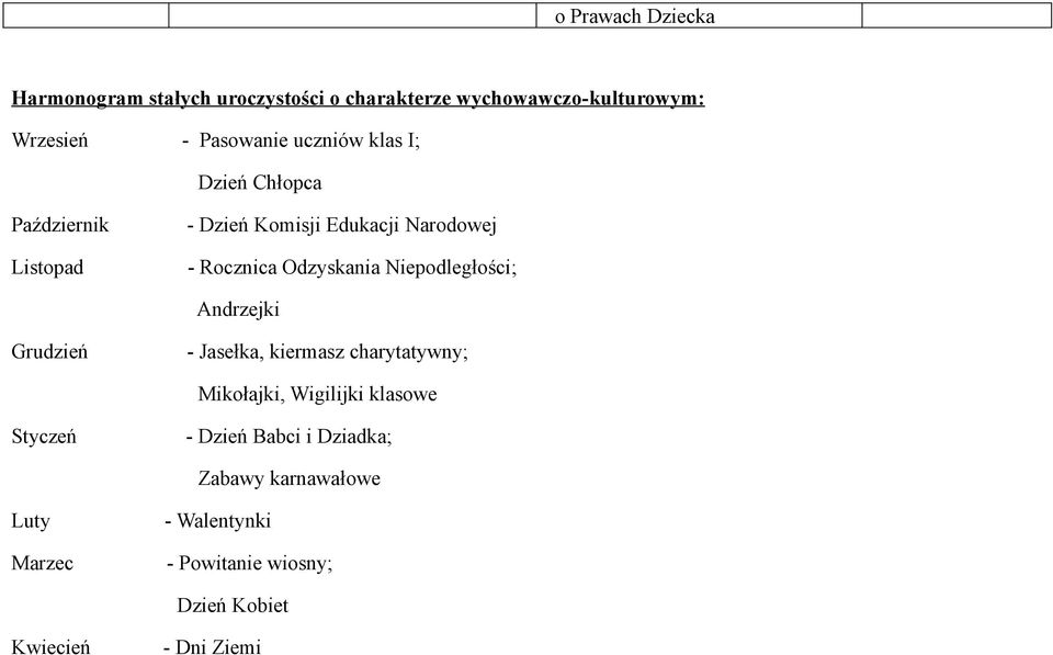 Niepodległości; Andrzejki Grudzień - Jasełka, kiermasz charytatywny; Mikołajki, Wigilijki klasowe Styczeń -