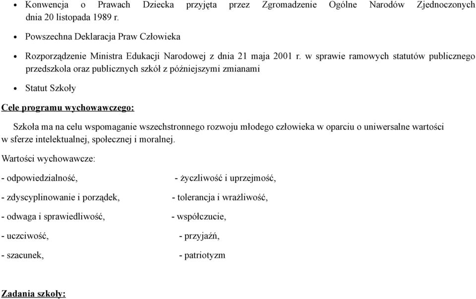 w sprawie ramowych statutów publicznego przedszkola oraz publicznych szkół z późniejszymi zmianami Statut Szkoły Cele programu wychowawczego: Szkoła ma na celu wspomaganie