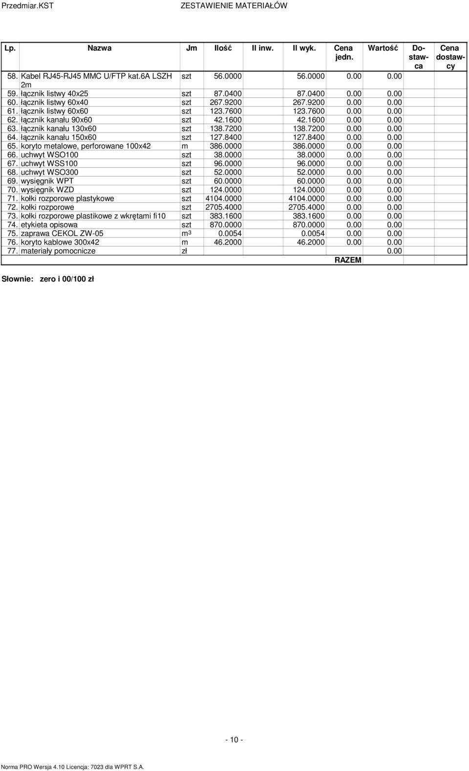 1600 42.1600 0.00 0.00 63. łącznik kanału 130x60 szt 138.7200 138.7200 0.00 0.00 64. łącznik kanału 150x60 szt 127.8400 127.8400 0.00 0.00 65. koryto etalowe, perforowane 100x42 386.0000 386.0000 0.