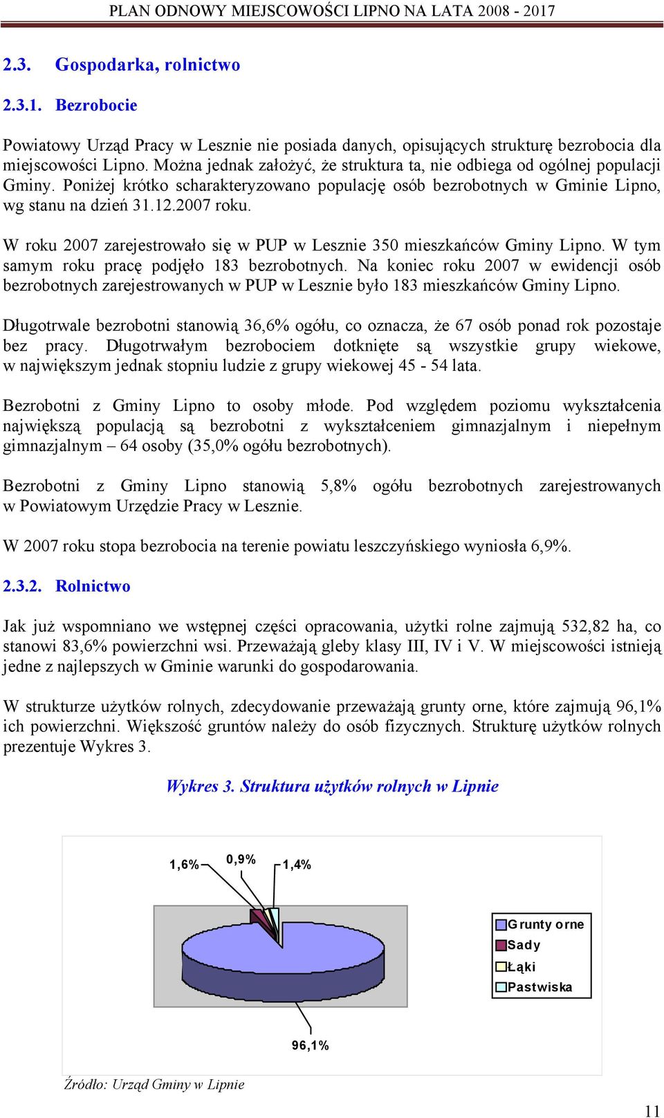 W roku 2007 zarejestrowało się w PUP w Lesznie 350 mieszkańców Gminy Lipno. W tym samym roku pracę podjęło 183 bezrobotnych.