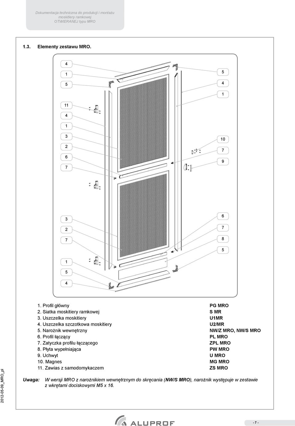 Profil łączący PL MRO 7. Zatyczka profilu łączącego ZPL MRO 8. Płyta wypełniająca PW MRO 9. Uchwyt U MRO 10. Magnes MG MRO 11.