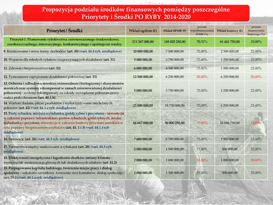 29,08% 9. Różnicowanie i nowe formy dochodów (art. 30) (+art. 44.4 ryb. śródlądowe) 10 000 000,00 7 500 000,00 75,00% 2 500 000,00 25,00% 10.