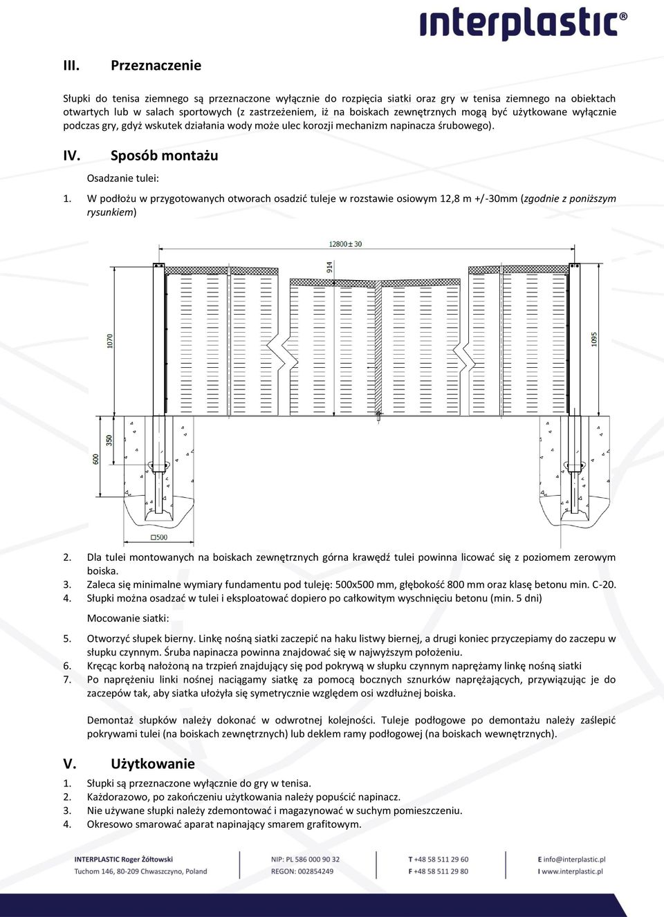 W podłożu w przygotowanych otworach osadzić tuleje w rozstawie osiowym 12,8 m +/-30mm (zgodnie z poniższym rysunkiem) 2.