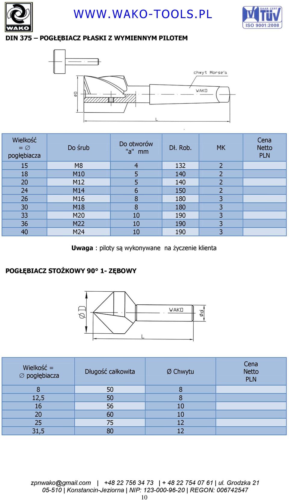 M22 10 190 3 40 M24 10 190 3 MK Uwaga : piloty są wykonywane na życzenie klienta POGŁĘBIACZ STOŻKOWY 90 1-