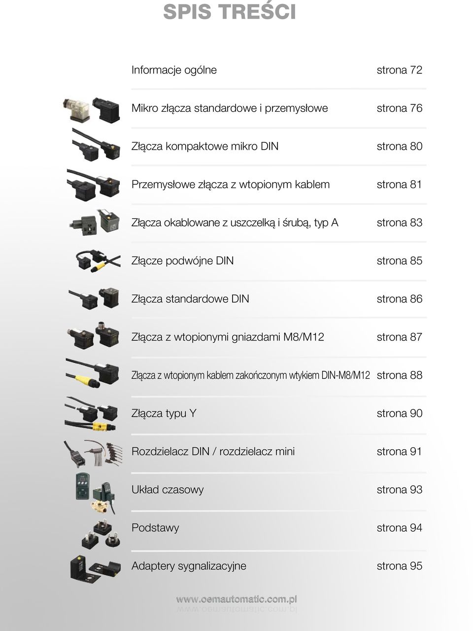 Złącza z wtopionymi gniazdami M8/M12 strona 87 Złącza z wtopionym kablem zakończonym wtykiem DIN-M8/M12 strona 88 Złącza typu Y strona 90 Rozdzielacz