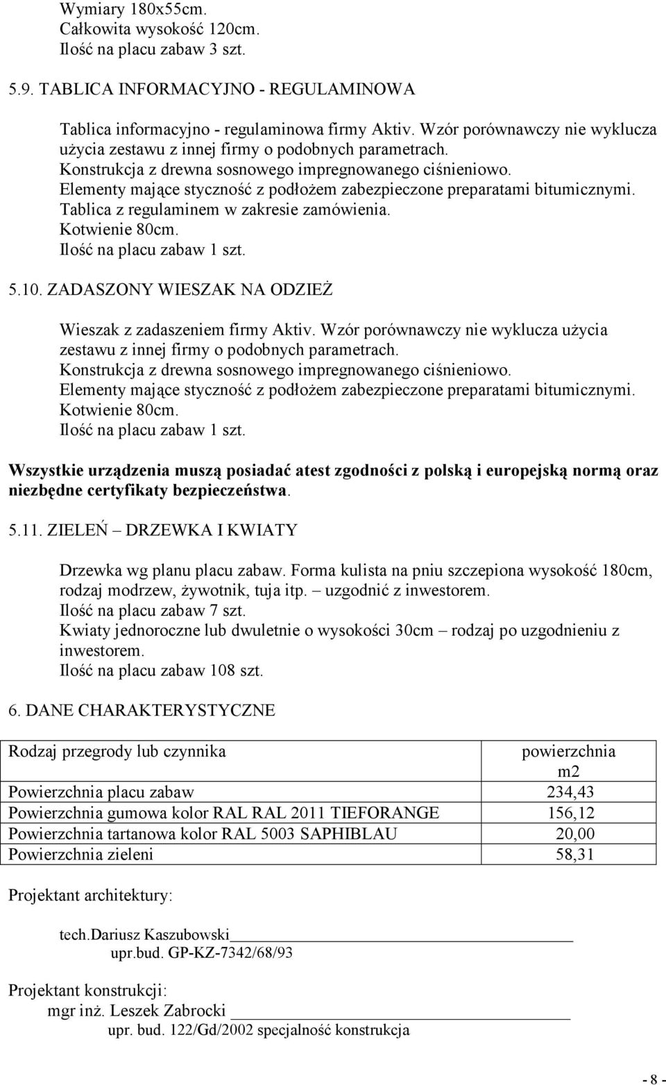 Elementy mające styczność z podłożem zabezpieczone preparatami bitumicznymi. Tablica z regulaminem w zakresie zamówienia. Kotwienie 80cm. Ilość na placu zabaw 1 szt. 5.10.