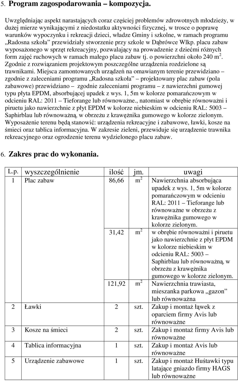 dzieci, władze Gminy i szkolne, w ramach programu Radosna szkoła przewidziały stworzenie przy szkole w Dąbrówce Wlkp.