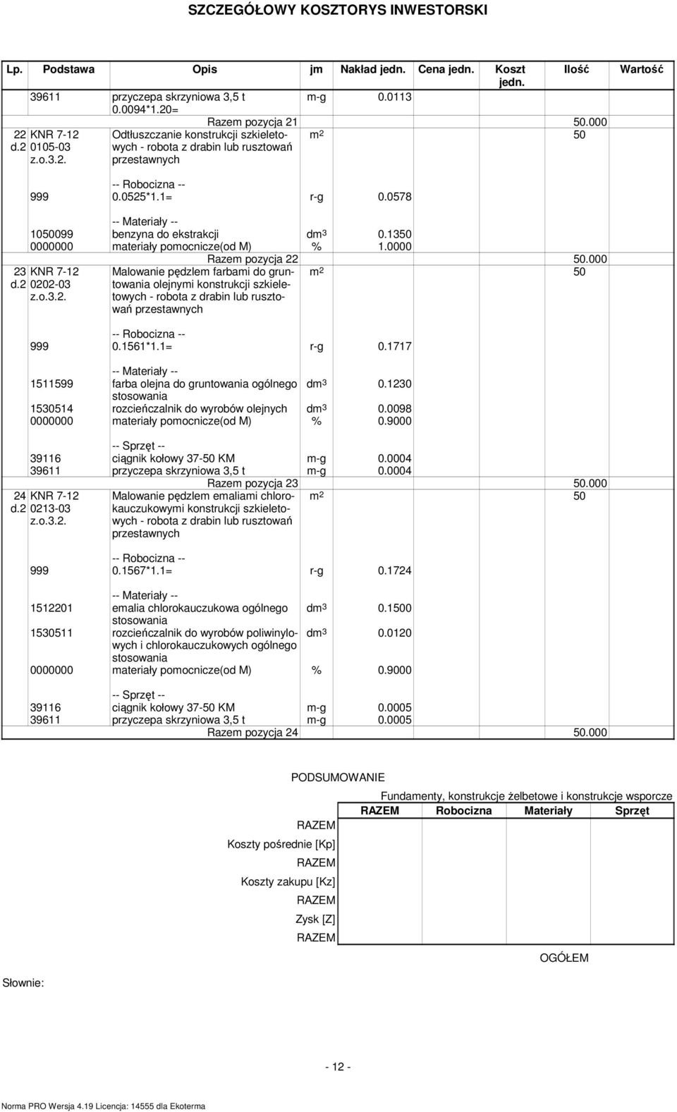 0578 1050099 benzyna do ekstrakcji dm 3 0.1350 0000000 materiały pomocnicze(od M) % 1.0000 23