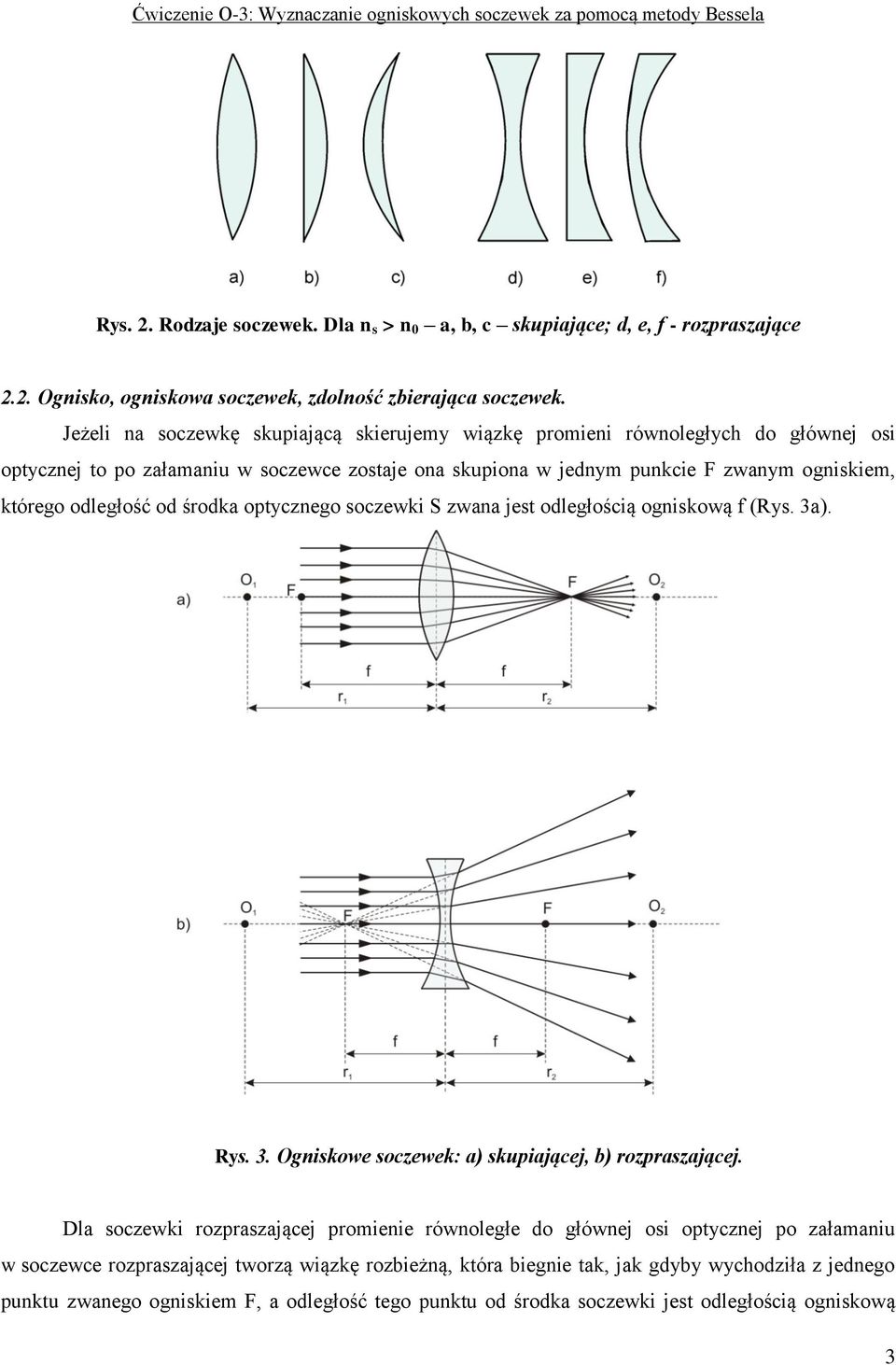 odległość od środka optycznego soczewki S zwana jest odległością ogniskową (Rys. 3a). Rys. 3. Ogniskowe soczewek: a) skupiającej, b) rozpraszającej.