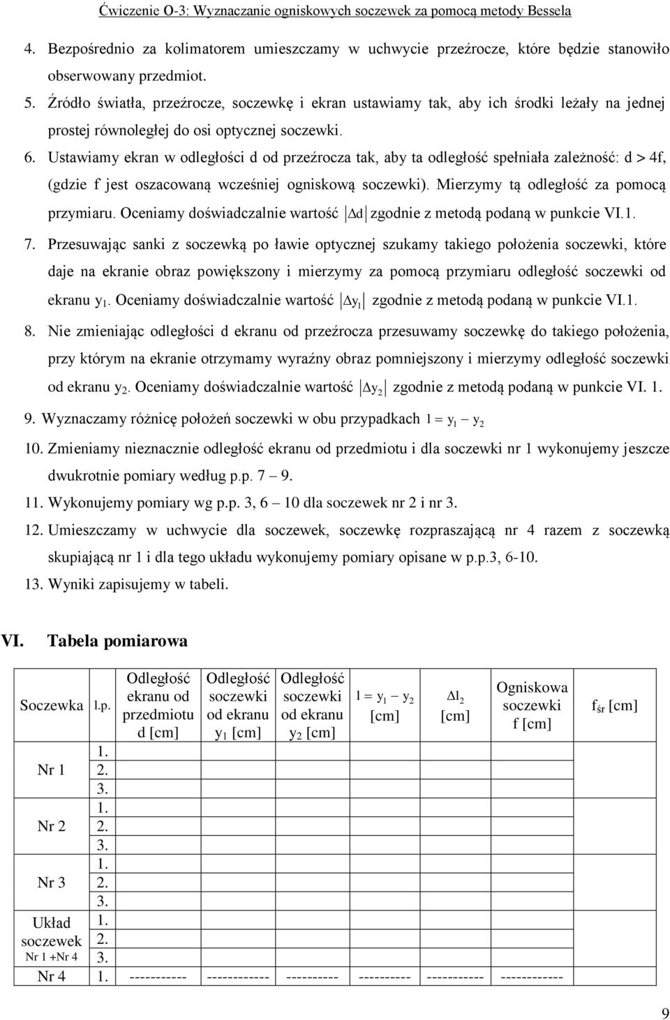 Ustawiamy ekran w odległości d od przeźrocza tak, aby ta odległość spełniała zależność: d > 4, (gdzie jest oszacowaną wcześniej ogniskową soczewki). Mierzymy tą odległość za pomocą przymiaru.