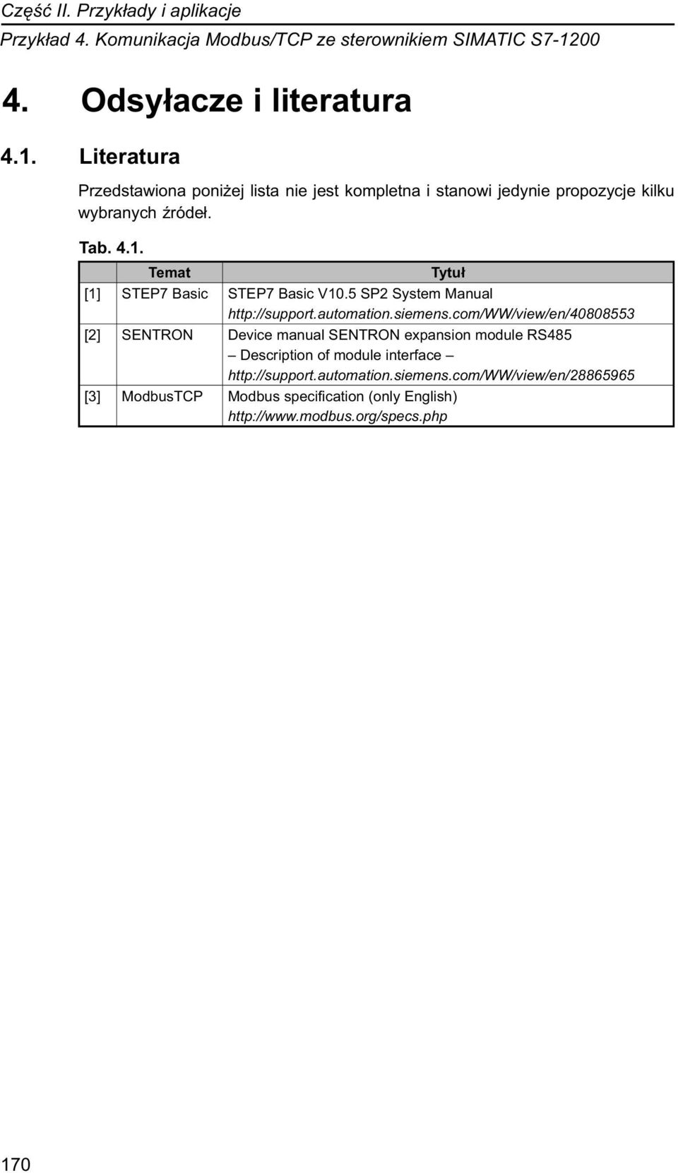 Tab. 4.1. Temat Tytuł [1] STEP7 Basic STEP7 Basic V10.5 SP2 System Manual http://support.automation.siemens.