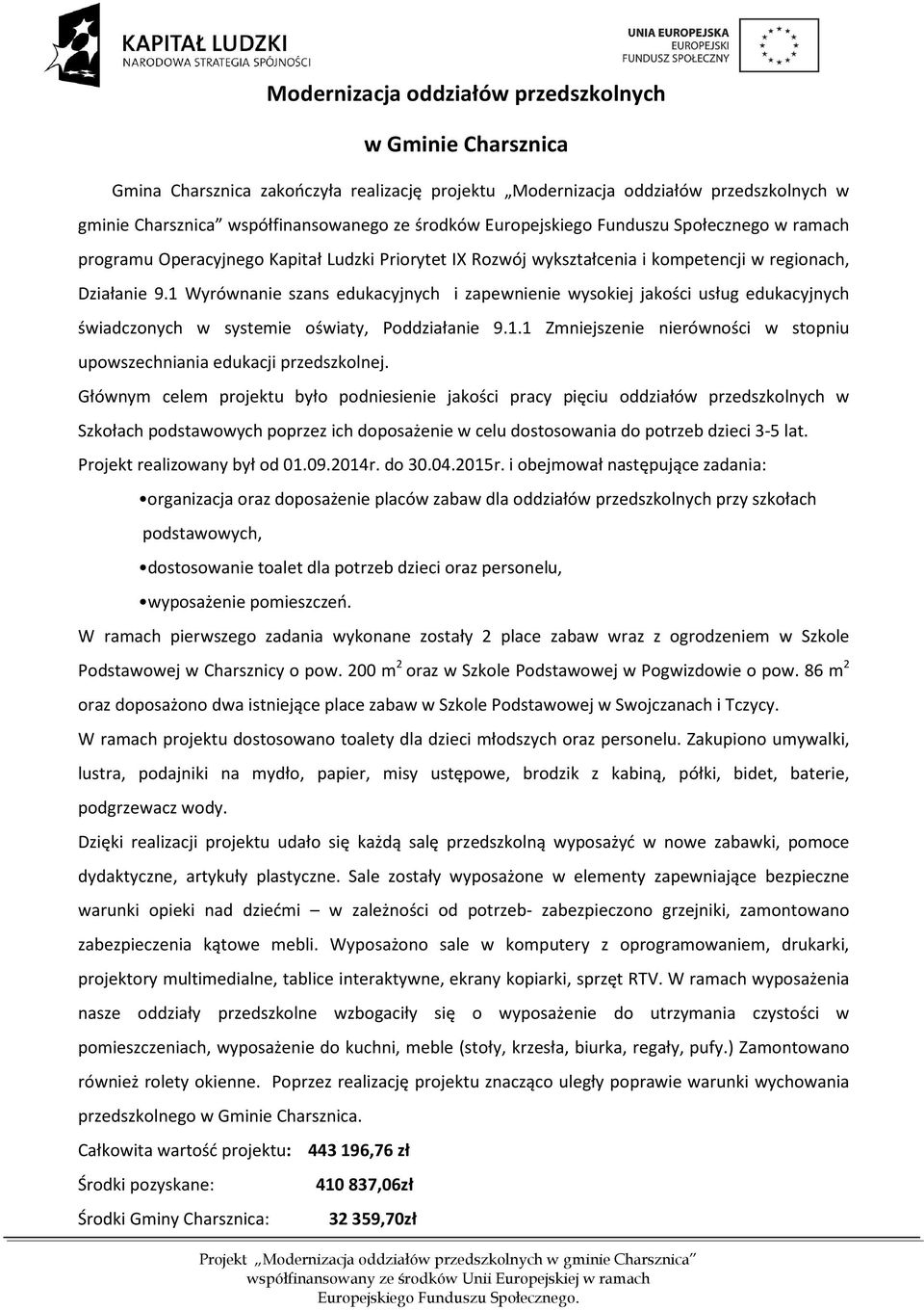 1 Wyrównanie szans edukacyjnych i zapewnienie wysokiej jakości usług edukacyjnych świadczonych w systemie oświaty, Poddziałanie 9.1.1 Zmniejszenie nierówności w stopniu upowszechniania edukacji przedszkolnej.