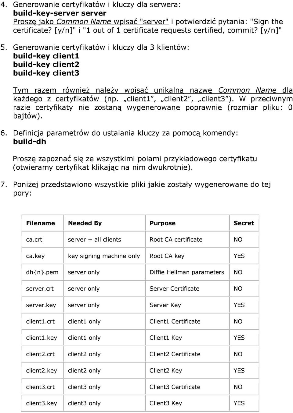 Generowanie certyfikatów i kluczy dla 3 klientów: build-key client1 build-key client2 build-key client3 Tym razem również należy wpisać unikalną nazwę Common Name dla każdego z certyfikatów (np.