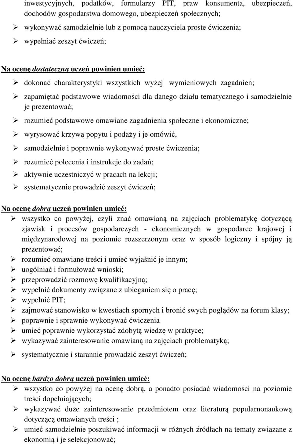 samodzielnie je prezentować; rozumieć podstawowe omawiane zagadnienia społeczne i ekonomiczne; wyrysować krzywą popytu i podaży i je omówić, samodzielnie i poprawnie wykonywać proste ćwiczenia;