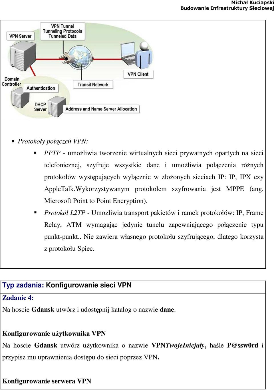 Protokół L2TP - UmoŜliwia transport pakietów i ramek protokołów: IP, Frame Relay, ATM wymagając jedynie tunelu zapewniającego połączenie typu punkt-punkt.