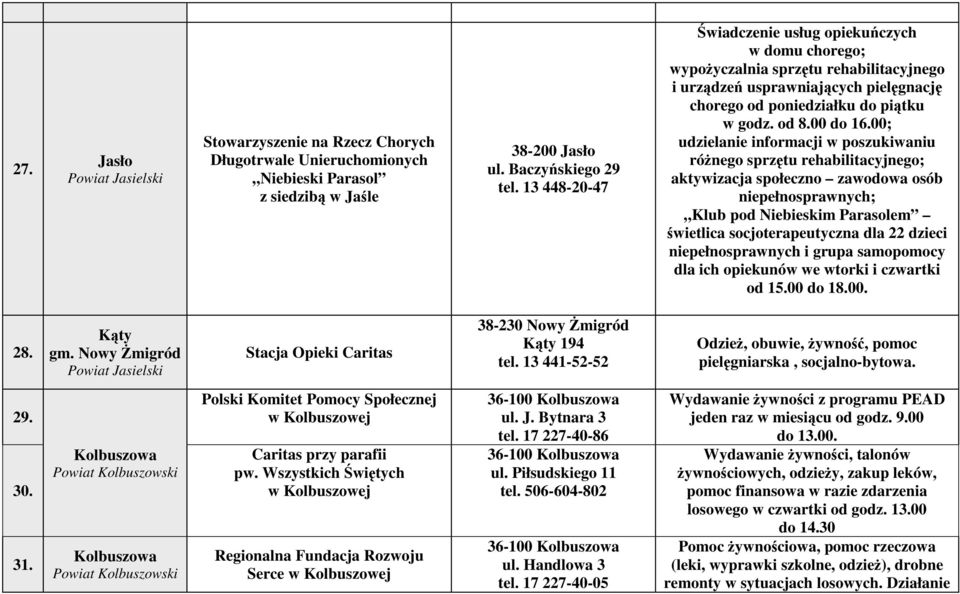 00; udzielanie informacji w poszukiwaniu różnego sprzętu rehabilitacyjnego; aktywizacja społeczno zawodowa osób niepełnosprawnych; Klub pod Niebieskim Parasolem świetlica socjoterapeutyczna dla 22
