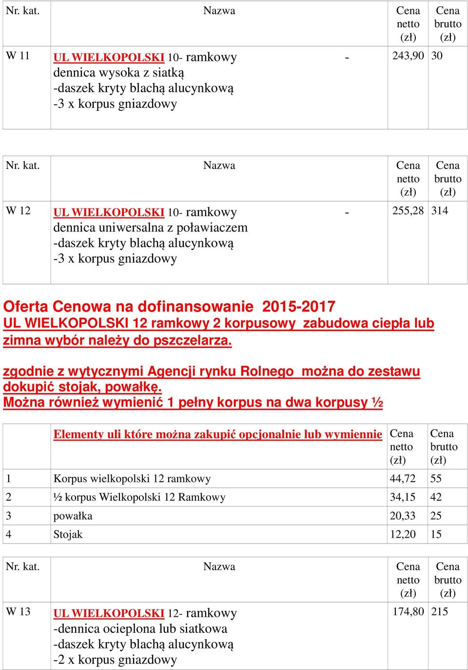 255,28 314 Oferta Cenowa na dofinansowanie 2015-2017 UL WIELKOPOLSKI 12 ramkowy 2 korpusowy zabudowa ciepła lub zimna wybór należy do pszczelarza.