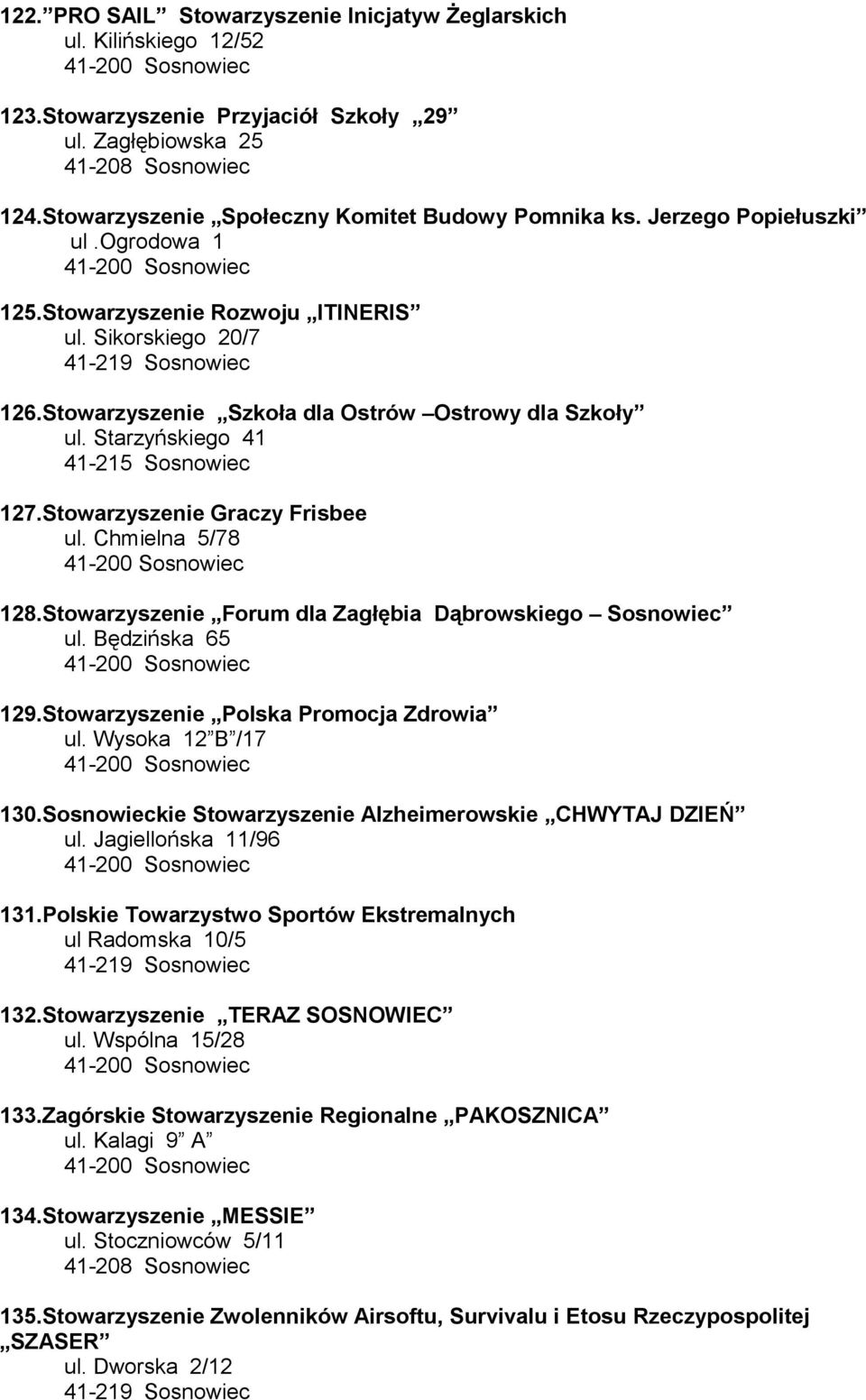 Stowarzyszenie Graczy Frisbee ul. Chmielna 5/78 128.Stowarzyszenie Forum dla Zagłębia Dąbrowskiego Sosnowiec ul. Będzińska 65 129.Stowarzyszenie Polska Promocja Zdrowia ul. Wysoka 12 B /17 130.