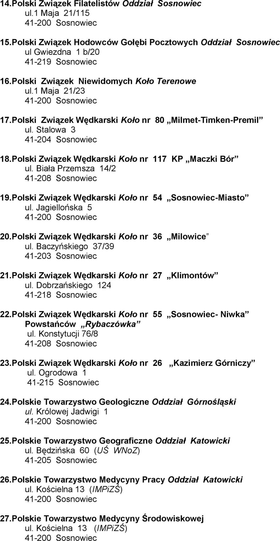 Polski Związek Wędkarski Koło nr 54 Sosnowiec-Miasto ul. Jagiellońska 5 20.Polski Związek Wędkarski Koło nr 36 Milowice ul. Baczyńskiego 37/39 41-203 Sosnowiec 21.