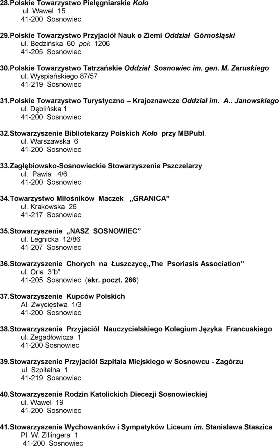 Stowarzyszenie Bibliotekarzy Polskich Koło przy MBPubl. ul. Warszawska 6 33.Zagłębiowsko-Sosnowieckie Stowarzyszenie Pszczelarzy ul. Pawia 4/6 34.Towarzystwo Miłośników Maczek GRANICA ul.