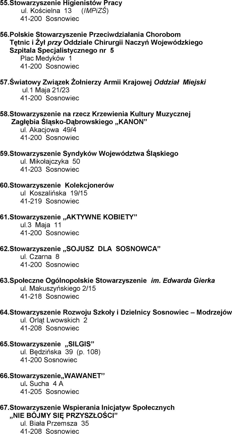 Światowy Związek Żołnierzy Armii Krajowej Oddział Miejski ul.1 Maja 21/23 58.Stowarzyszenie na rzecz Krzewienia Kultury Muzycznej Zagłębia Śląsko-Dąbrowskiego KANON ul. Akacjowa 49/4 59.
