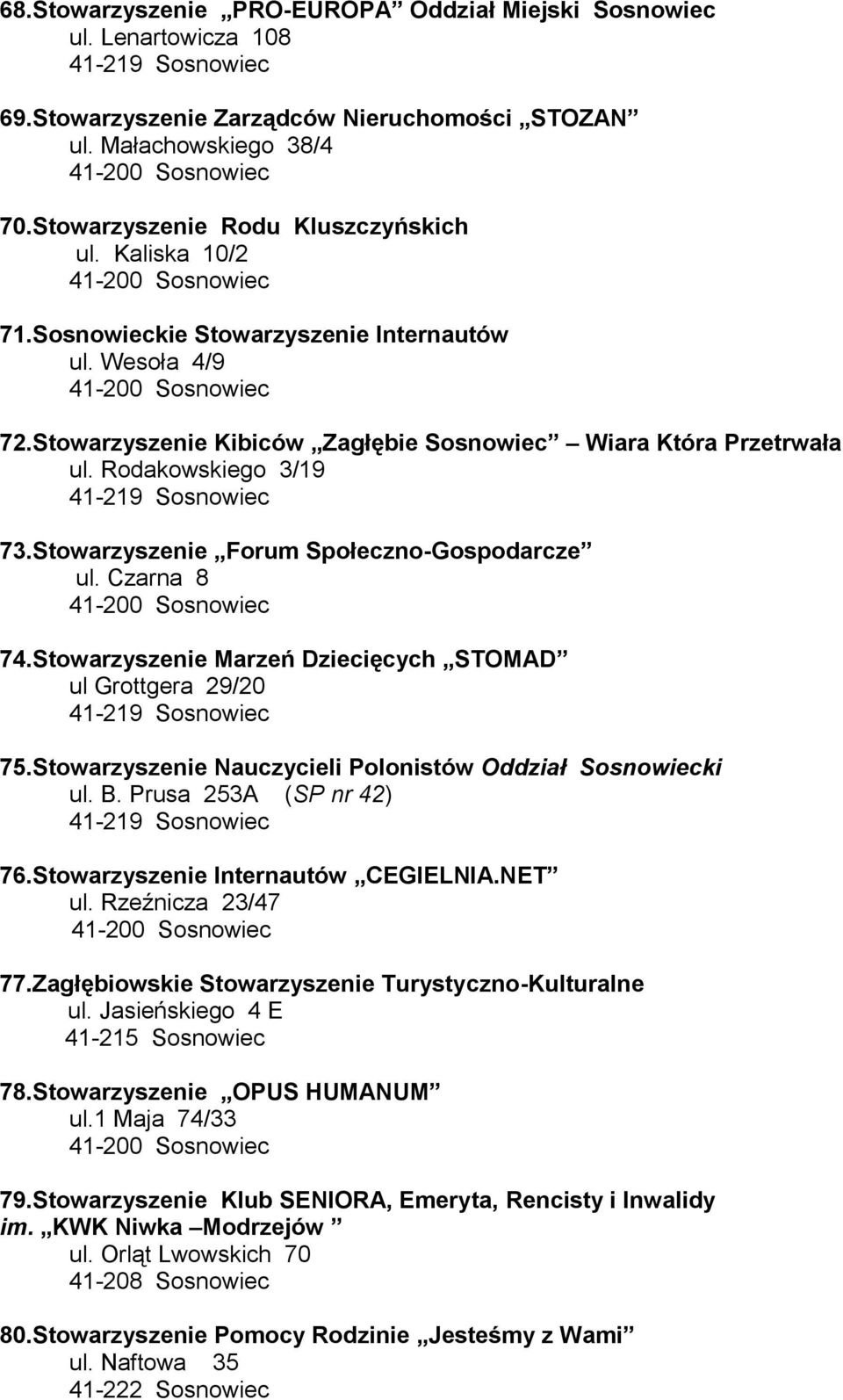 Stowarzyszenie Forum Społeczno-Gospodarcze ul. Czarna 8 74.Stowarzyszenie Marzeń Dziecięcych STOMAD ul Grottgera 29/20 75.Stowarzyszenie Nauczycieli Polonistów Oddział Sosnowiecki ul. B.