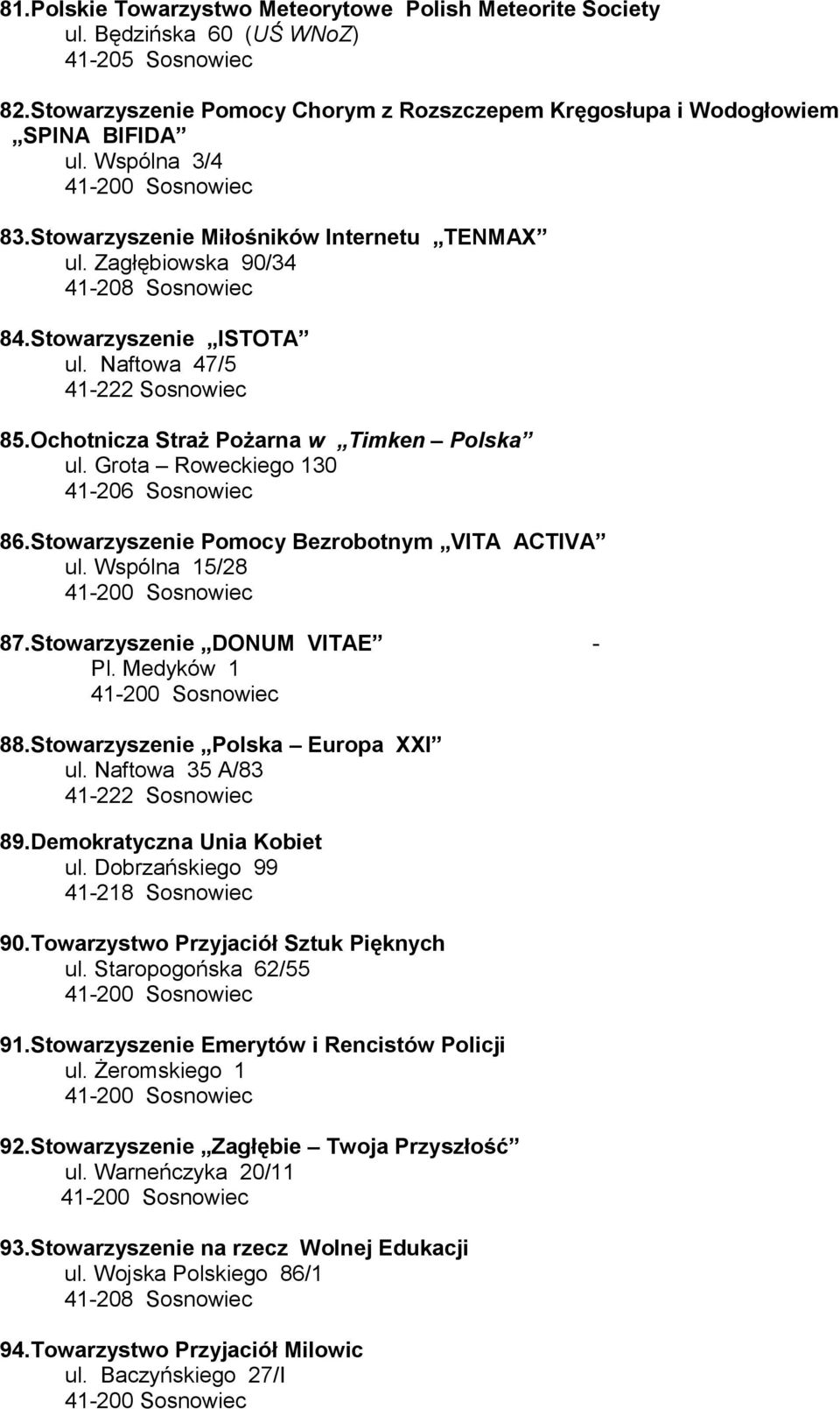 Grota Roweckiego 130 41-206 Sosnowiec 86.Stowarzyszenie Pomocy Bezrobotnym VITA ACTIVA ul. Wspólna 15/28 87.Stowarzyszenie DONUM VITAE - Pl. Medyków 1 88.Stowarzyszenie Polska Europa XXI ul.